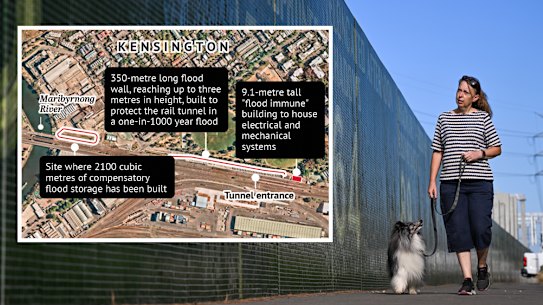Composite image of Denise Jury walking past the flood wall in Kensington and the map of the flood mitigation works in the area.