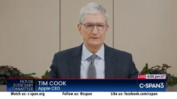 Apple CEO Tim Cook testifying to Congress on online competition.