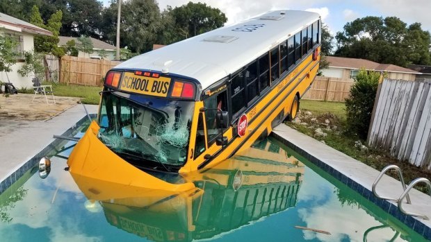 This photo released by the Orange County Sheriff's Office shows a Florida school bus that ploughed through a fence and into a backyard pool after a collision, but no one on board was hurt.