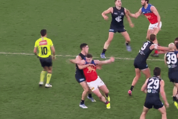 Carlton’s Adam Cerra was fined for making contact with the umpire in the match against the Brisbane Lions last round.