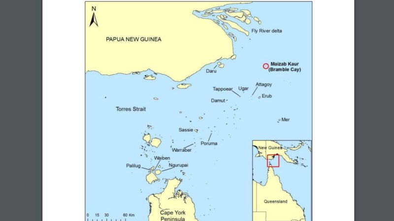 A map showing the location of the Bramble Cay in north-eastern Torres Strait near Papua New Guinea.