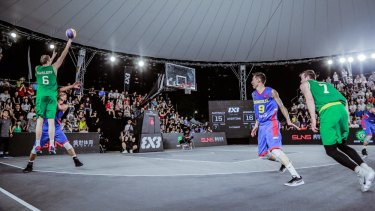 Australia's Tom Garlepp shots the gold-winning shot against Mongolia at the FIBA 3x3 Asia Cup.