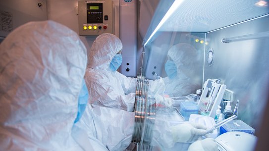 Lavoratori in un laboratorio presso l'Istituto di ricerca antipeste di Irkutsk in Siberia.