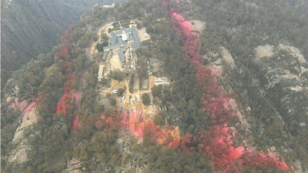 Fire retardant dropped around the Mount Buffalo chalet last week to protect it from a fire front approaching from the south east.