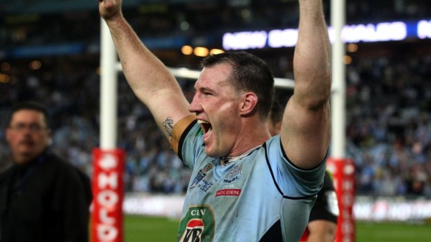 The man Queenslanders loved to hate: Paul Gallen salutes the crowd after NSW clinched the series in 2014.