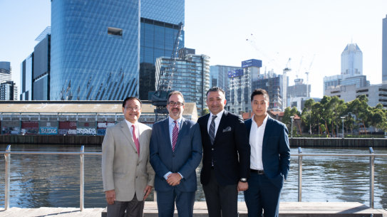 Riverlee founder Clement Lee, Victorian trade minister Martin Pakula, SH Hotels president Arash Azarbarzin, and Riverlee's David Lee  in front of the Northbank site.