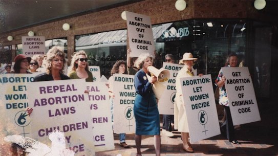 A rally calling on the Goss Government to decriminalise abortion in Brisbane, 1990.