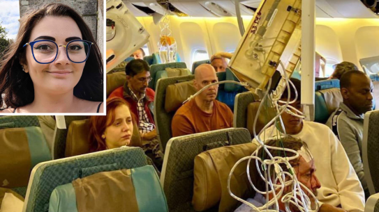 Australian Teandra Tuhkunen hit the roof and was thrown to the floor during turbulence on her way to Melbourne.