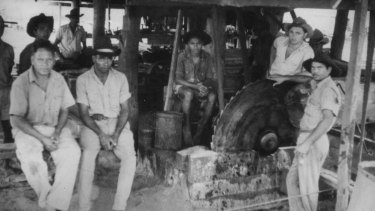 Hans Pearson (far right) in 1965 with fellow workers at the Hope Vale saw mill in far north Queensland. 