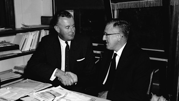 Labor leader Arthur Calwell, right, with his new deputy, Gough Whitlam, in 1960.