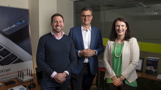 Penten is based in Canberra. From left to right: Ben Whitman, director, Matthew Wilson, chief executive and Sarah Bailey, chief financial officer.