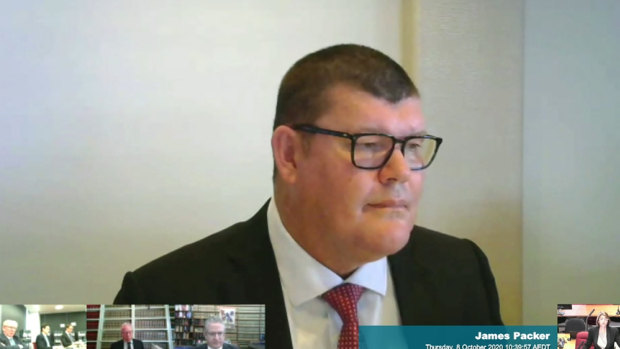James Packer giving evidence at the NSW inquiry into Crown Resorts, but from where? 