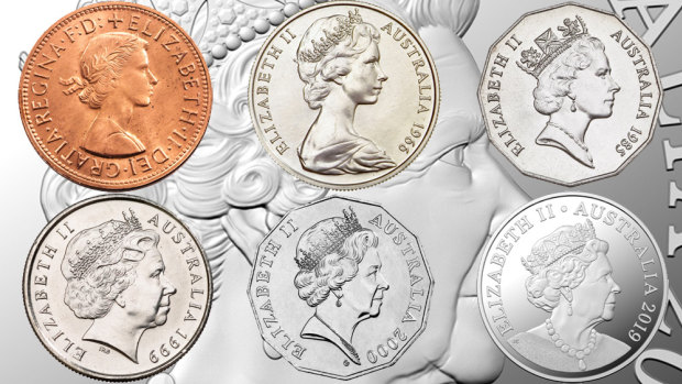 The changing face of Her Majesty Queen Elizabeth II. Her effigy has evolved six times since she first appeared on currency in 1953. It is the first time in 20 years that Australian coins will have a new portrait of the Queen.