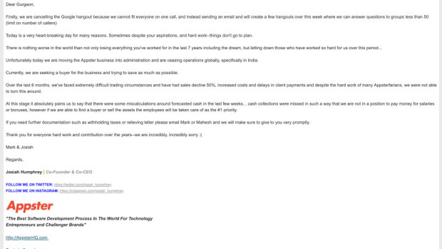 Notice of dismissal email sent to over 150 Appster employees in India. 