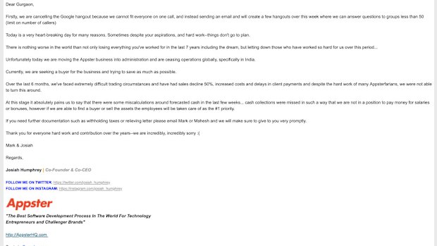 Notice of dismissal email sent to over 150 Appster employees in India. 