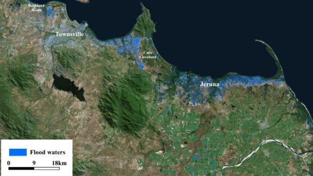 Satellite flood mapping along the Queensland coast, compiled using images from the European radar satellite Sentinel-1A.