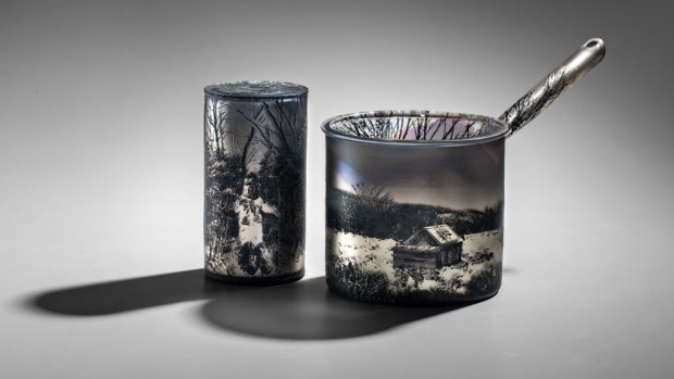 Holly Grace, A Winters Journey - Saucepan – blown glass with sandblasted imagery, painted glass enamel surfaces and silver mirrored interior, 2 pieces.
