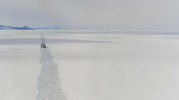 The Coast Guard Cutter Polar Star breaks ice in McMurdo Sound.