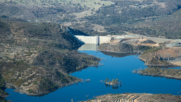 An aerial photo of the enlarged Cotter dam. 