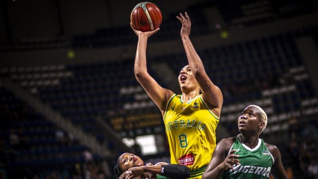 Dominant: Opals star Liz Cambage goes to the basket against Nigeria at the FIBA Women's World Cup.