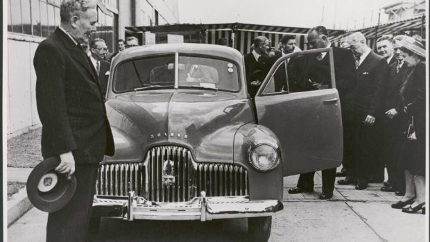 Former Prime Minister Ben Chifley introducing Australia's first car, the Holden 48-215, later known as the Holden FX, at Fisherman's Bend in 1948.