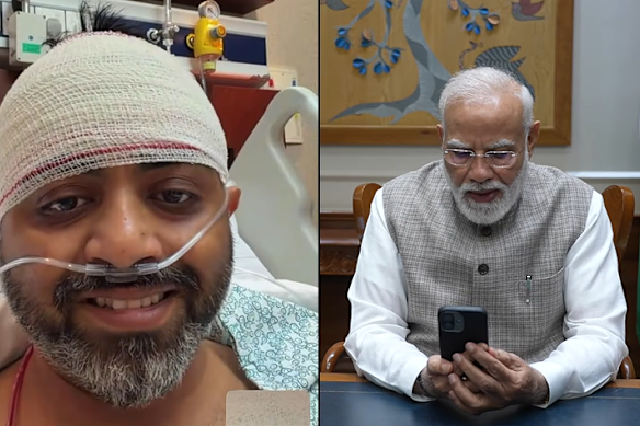 Il capitano Smit Machchhar, il pilota indiano di 38 anni che ha respinto un attacco alla cabina di pilotaggio del volo Flydubai, parla con il primo ministro indiano Narendra Modi in una videochiamata dall'ospedale.