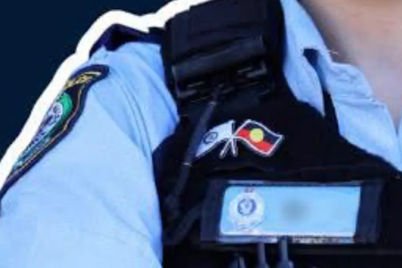 A pin depicting the NSW Police and Indigenous flags. The pin, worn by an Indigenous officer, was criticised by the One Nation leader Mike Newman.