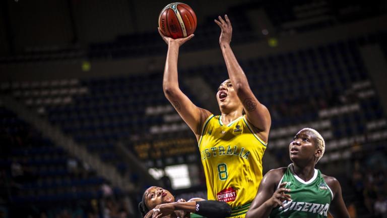 Dominant: Opals star Liz Cambage goes to the basket against Nigeria at the FIBA Women's World Cup.