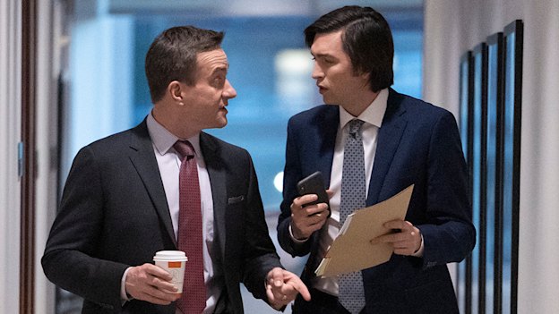 Cousin Greg (right), with Matthew Macfadyen as Tom Wambsgans, is a shining light of purity in the cutthroat world of Succession. 