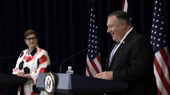 Shared values but independent thinking: (From left) Defence Minister Linda Reynolds, Foreign Minister Marise Payne and US Secretary of State Mike Pompeo.