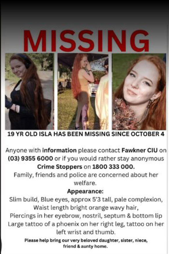 The missing poster for Isla Bell that was posted up around Melbourne’s inner north and shared on social media after her disappearance last month.