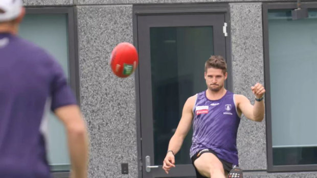 Jesse Hogan at Dockers HQ shortly after being traded last year.