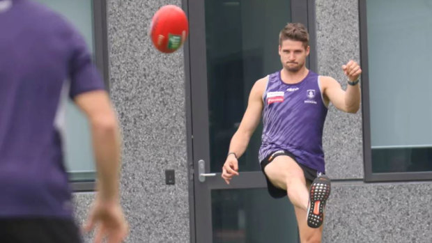 Jesse Hogan at Dockers HQ shortly after being traded last year.