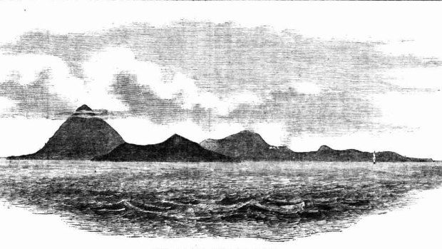 A view of Krakatoa [far left] and surrounding islands in 1846.