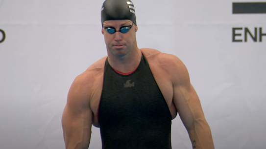 A juiced-up Australian swimmer James Magnussen before a 50-metre swim that launched the Enhanced Games last year.