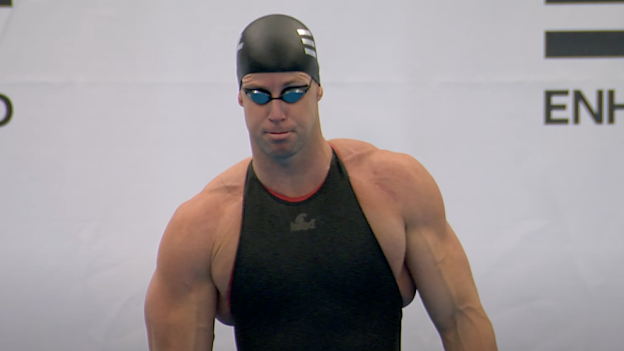 A juiced-up Australian swimmer James Magnussen before a 50-metre swim that launched the Enhanced Games last year.