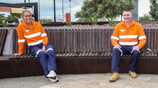 Former Virgin flight attendants Sarah-Rose Sharp and Warren Lock with former Qantas flight attendant Meagan Wise outside Perth Airport.