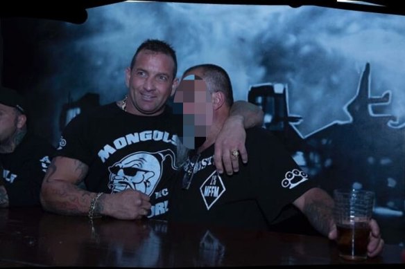 Former bikie Shane Bowden (left) at a Melbourne Mongols clubhouse with another gang member.