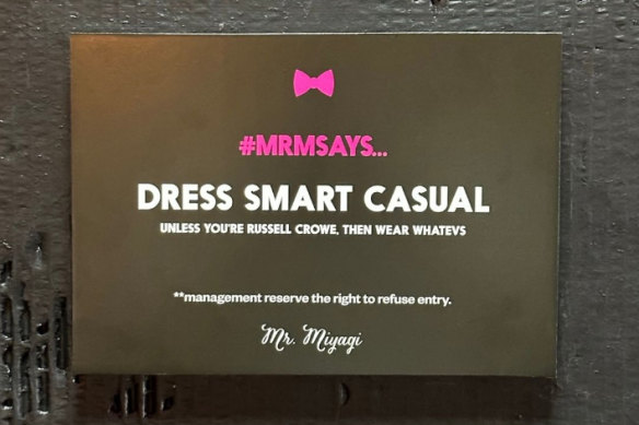 Chapel Street restaurant Mr. Miyagi online reaction to Russell Crowe’s dress code infraction. 