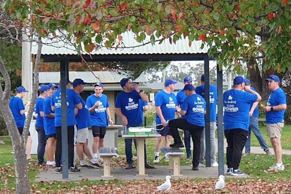 Exclusive Brethren members in Liberal shirts gather in Sorell, Tasmania, in the marginal Labor seat of Lyons. 