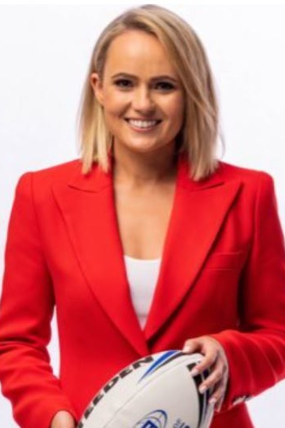 Rugby league commentator Emma Lawrence.
