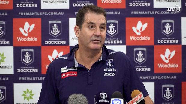 Hackles raised: Ross Lyon attempted to deflect questions on potential game-changing decisions in loss to Adelaide.