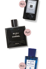 Jo Malone Jasmine Sambac & Marigold Cologne (100ml), $270. Bleu de Chanel Parfum pour Homme (100ml), $198. Acqua di Parma Blu Mediterraneo (100ml), $110.