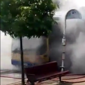 Smoke billowing from the bus at Moorooka.