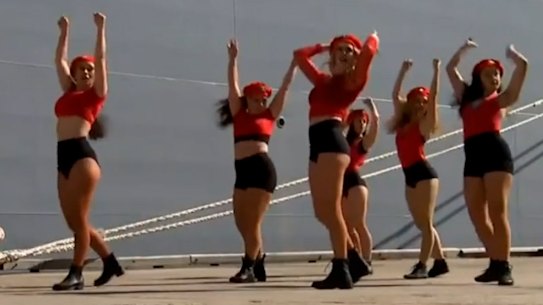 The 101 Doll Squadron performs a twerking routine at the launch of the navy’s latest ship, HMAS Supply, in Sydney at the weekend.
 