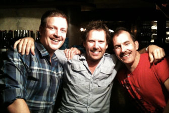 Grill'd founder Simon Crowe with franchisees Elton Berrange (left) and Jason Payne (right) in November 2010.
