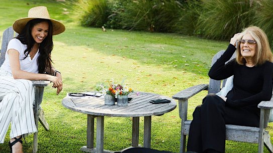 Meghan, Duchess of Sussex and Gloria Steinem sit down for a “historic backyard chat” about women’s rights and the importance of voting.