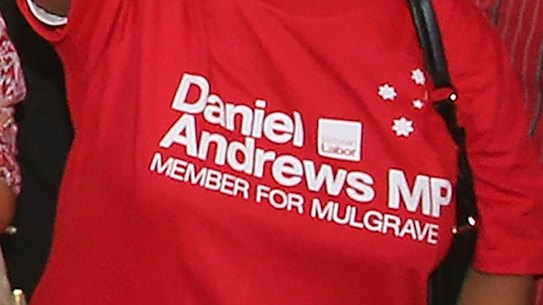 A Labor supporter wears the “red shirt” for Daniel Andrews’ election in 2014.