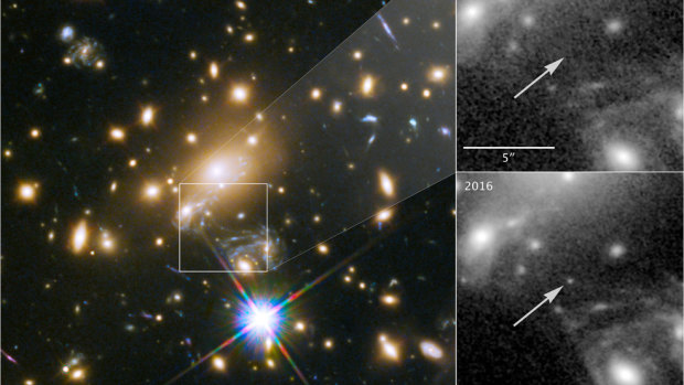 Icarus, the furthest individual star ever seen. The panels at the right show the view in 2011, without Icarus visible, compared with the star's brightening in 2016. 