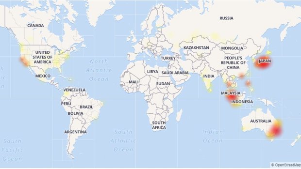 The Down Detector Gmail outage map as at 3.30pm Wednesday.